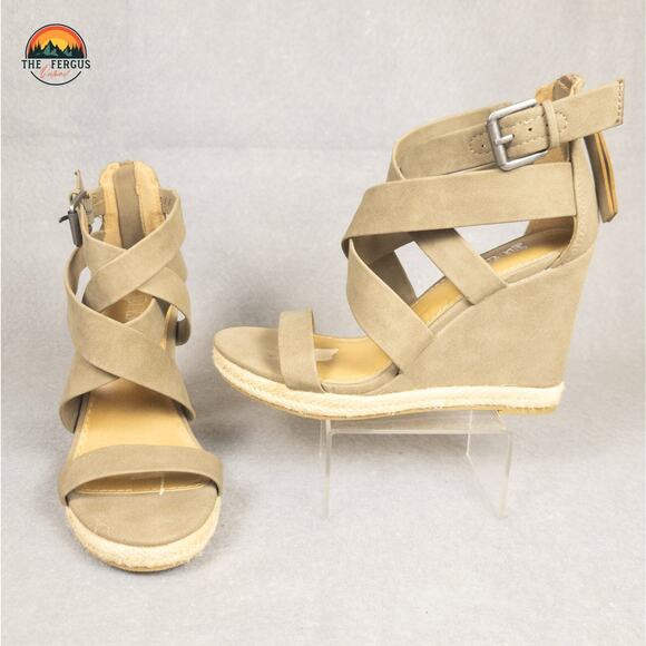 Brash Wedge Strappy Heel Sandal Tan Nude Jute Back Zip Open Toe Women's Size 7 - Picture 1 of 12
